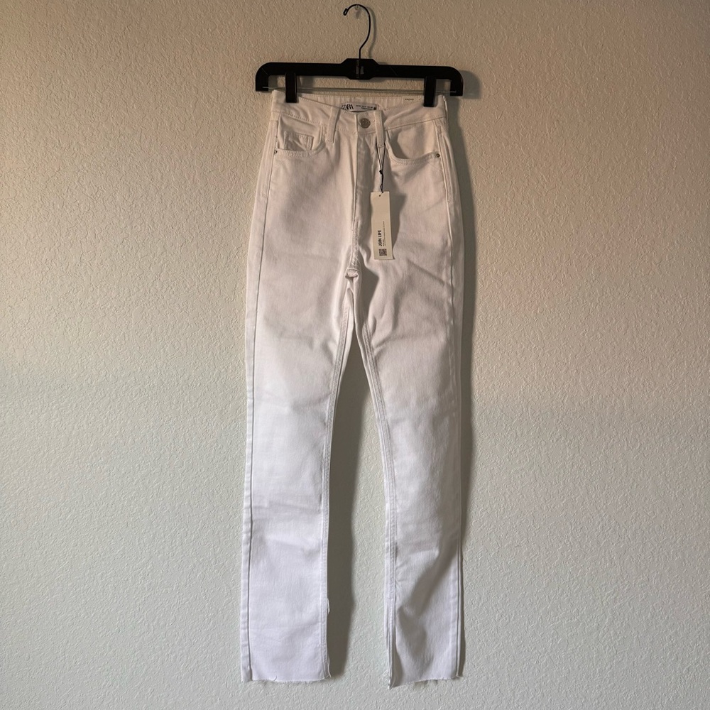 Zara White High Rise Split Flare Jeans